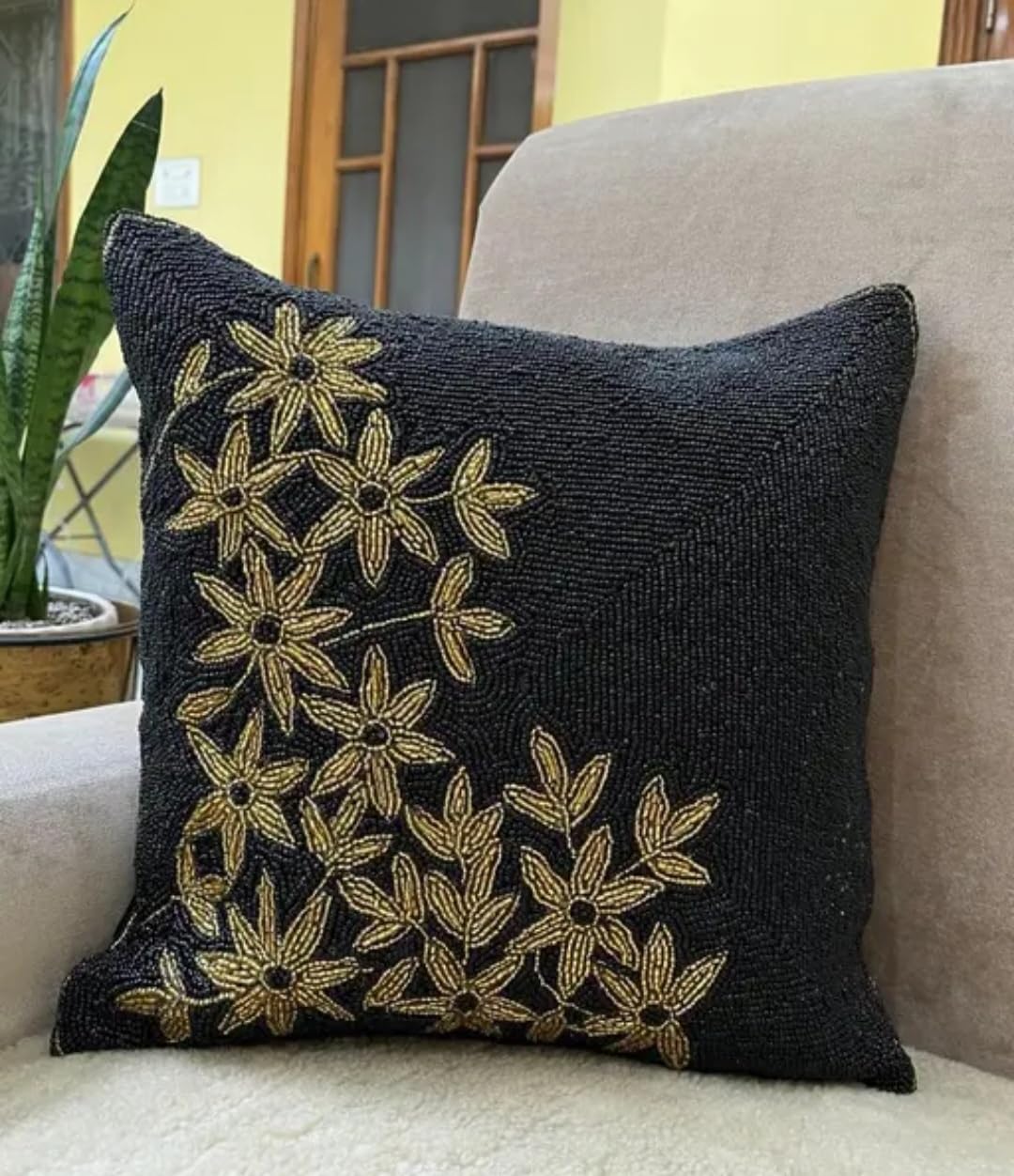 Black Beaded Throw Pillow Cover with Gold Floral Embroidery, Decorative Cushion Cover