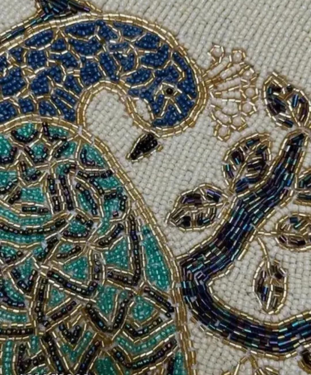 Beaded Table Runner with Peacock Design, Blue and Green, Embroidered Tapestry Style