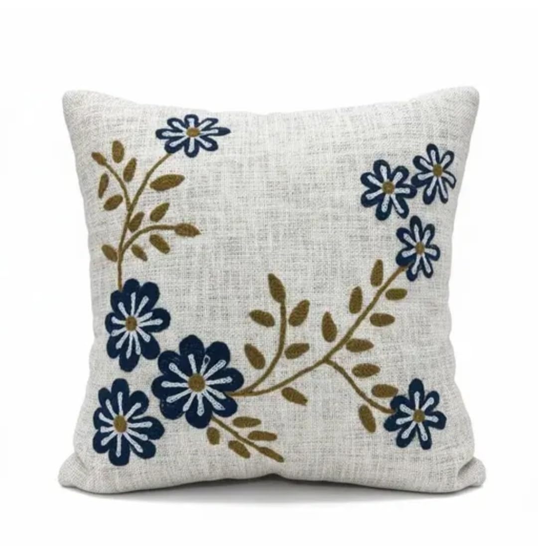 Embroidered Throw Pillow Cover, Floral Design, Navy Blue and Olive Green, Natural Linen Texture