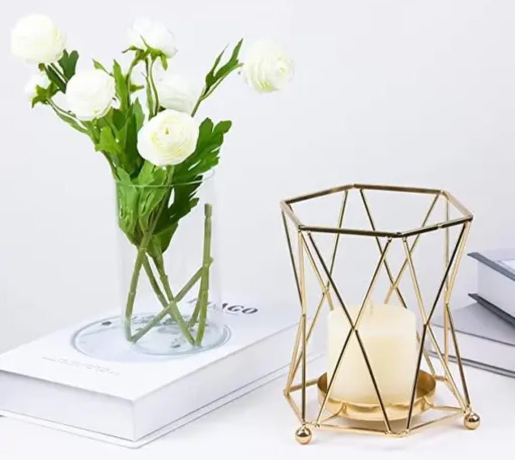 Geometric Gold Metal Candle Holder with Glass Hurricane, Pillar Candle Stand, Home Decor