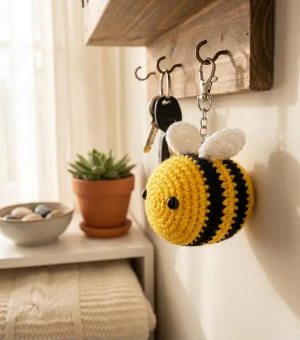 Crochet Bumble Bee Keychain, Handmade Amigurumi, Yellow and Black, Cute Animal Bag Charm
