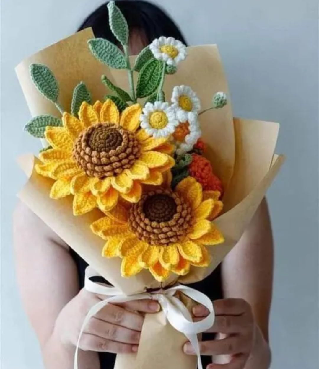 Handmade Crochet Flower Bouquet, Sunflowers, Daisies, and Roses, Knitted Floral Gift