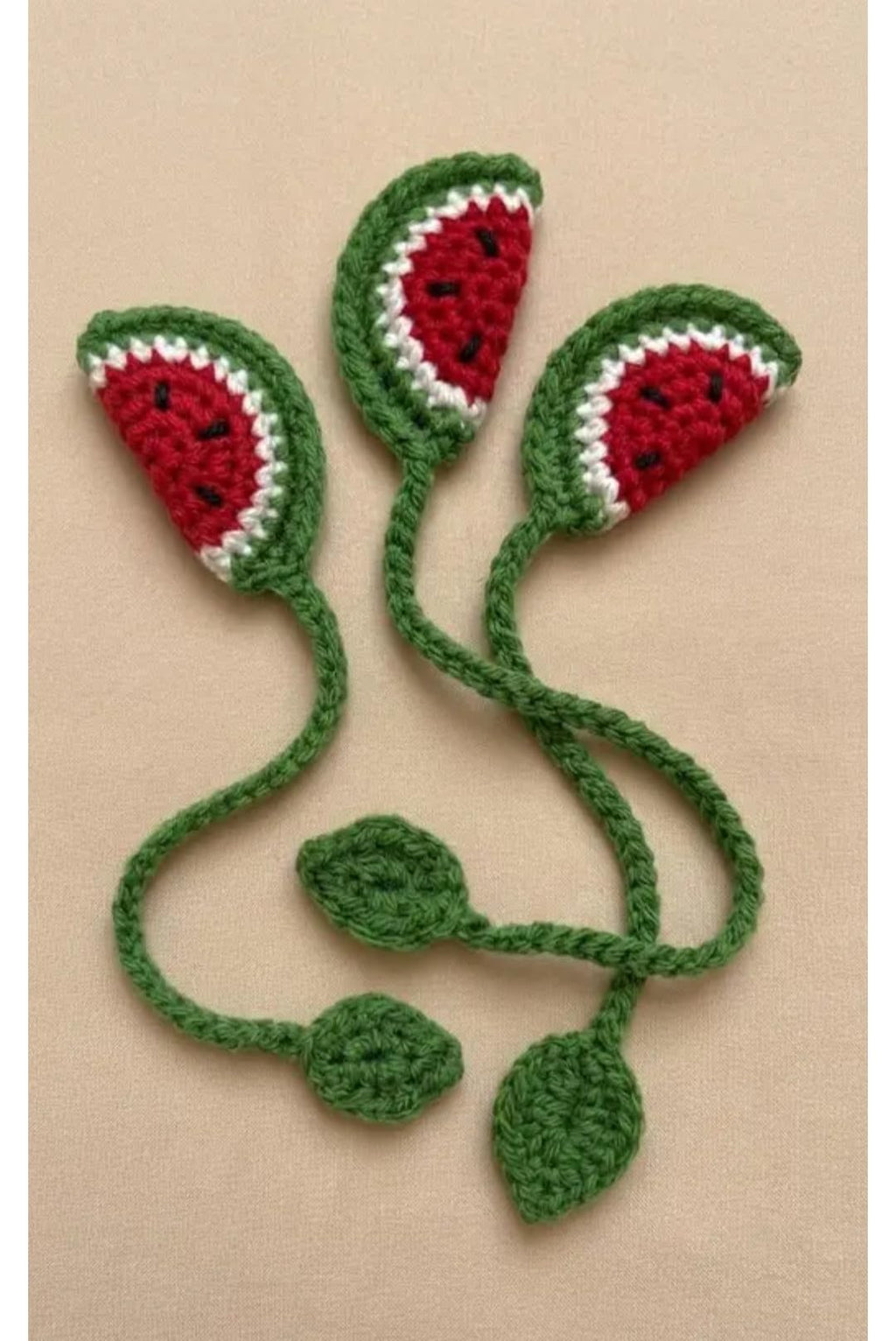 Handmade Crochet Watermelon Bookmark, Green and Red, Knitted Fruit Design with Leaf, Set of 3