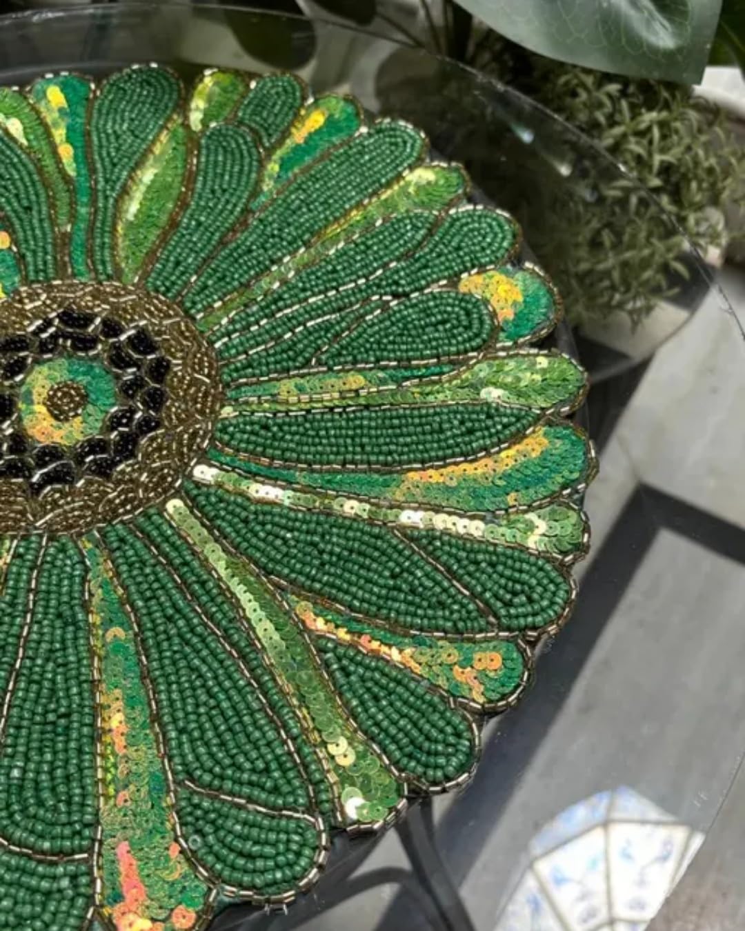 Beaded Flower Placemat, Green, Round, Sequin Embellished, Floral Design, Table Decor