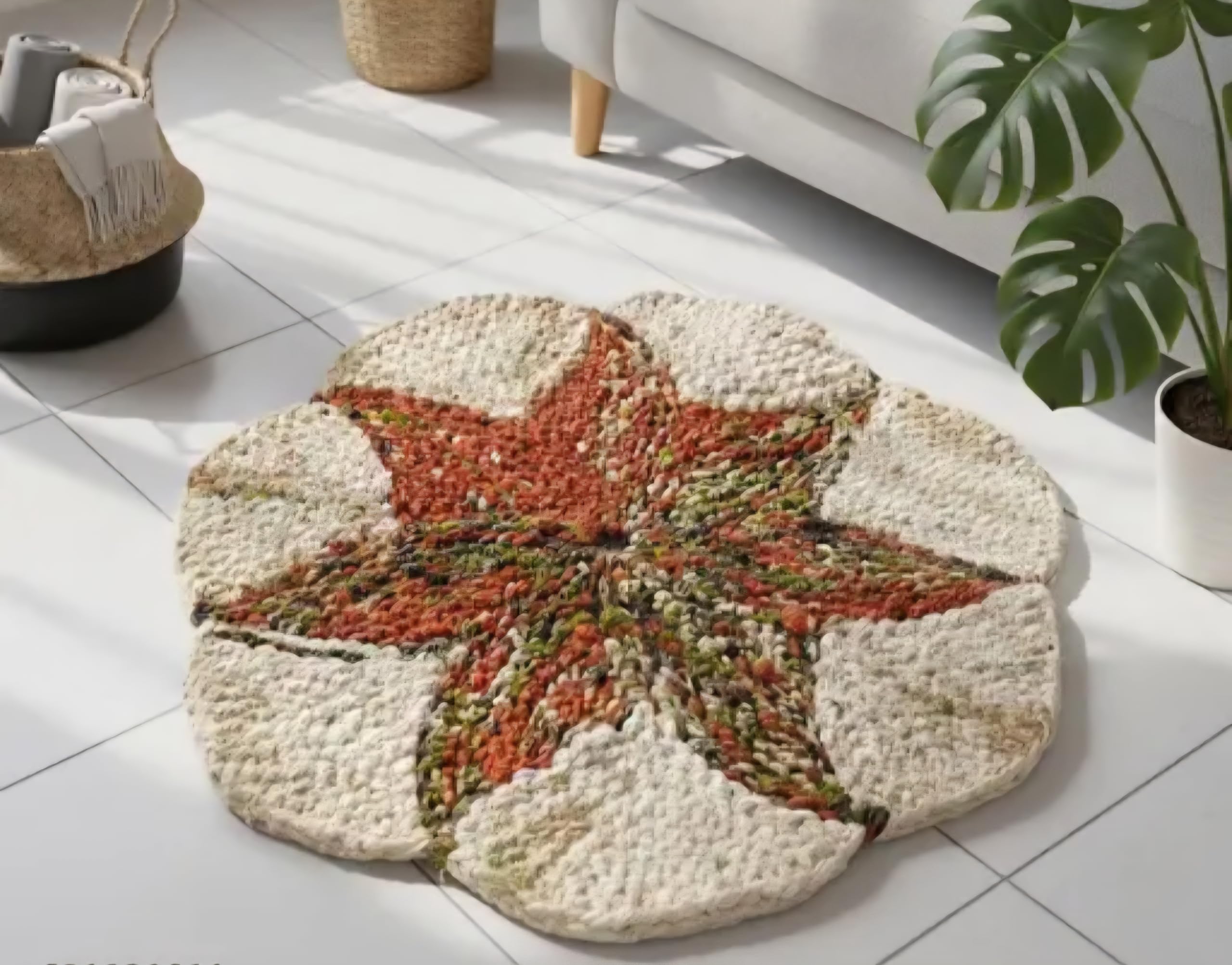 Round Floral Star Accent Rug, Cream and Rust, Handwoven Area Rug for Living Room