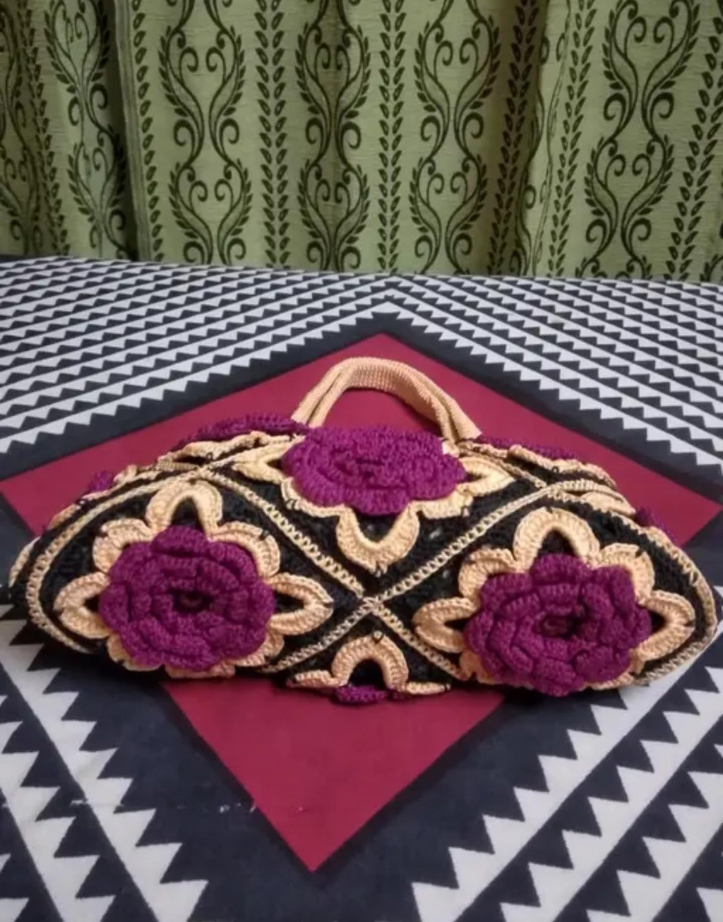 Handmade Crochet Handbag with Purple Floral Design, Black and Peach Pattern, Decorative Roses