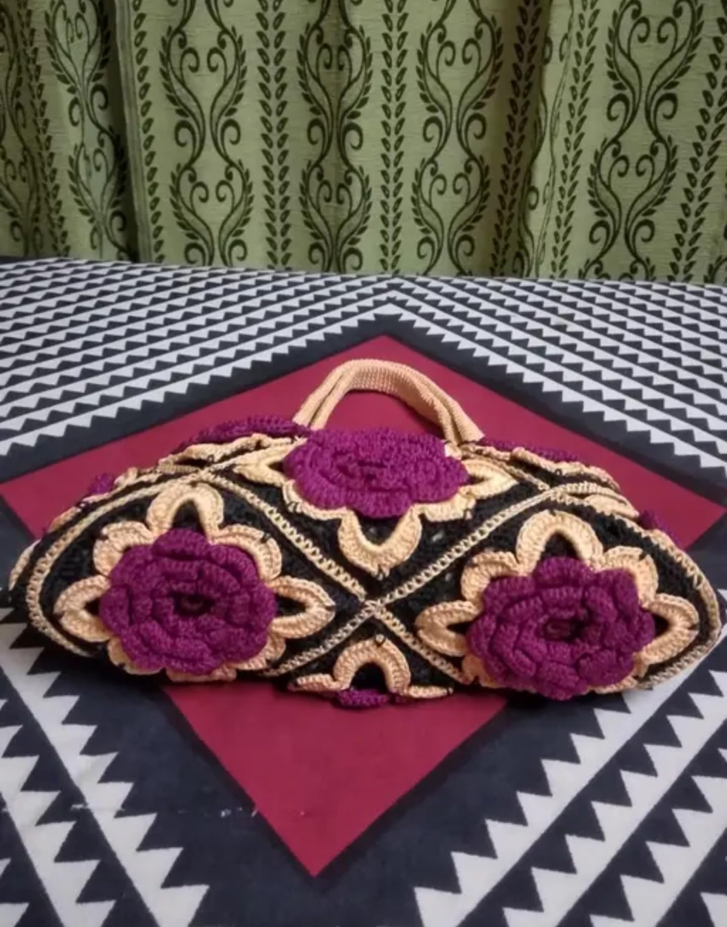 Handmade Crochet Handbag with Purple Floral Design, Black and Peach Pattern, Decorative Roses