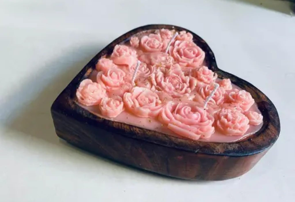 Handcrafted Heart-Shaped Decorative Candle with Pink Rose Design, Rustic Wood Frame