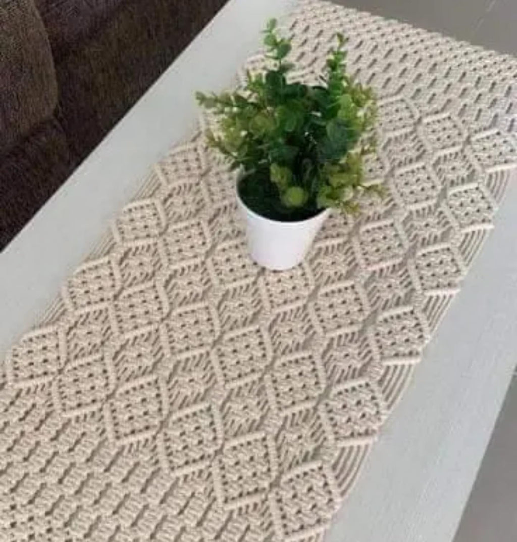 Handmade Macrame Table Runner, White Cotton Crochet Lace with Tassels, Boho Farmhouse Style, for Coffee and Dining Tables