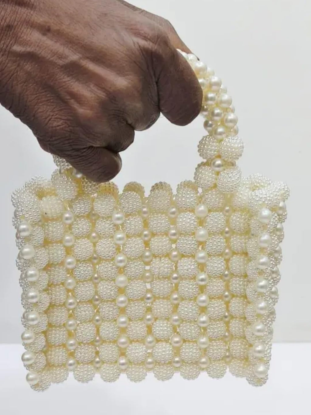 Pearl Beaded Tote Handbag, White, Handcrafted Floral Cluster Design, Top Handle Bag for Women