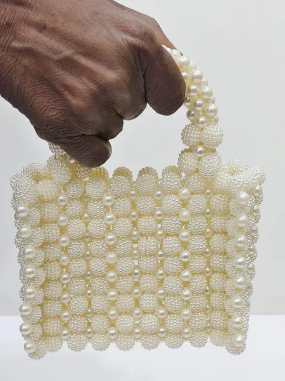 Pearl Beaded Tote Handbag, White, Handcrafted Floral Cluster Design, Top Handle Bag for Women