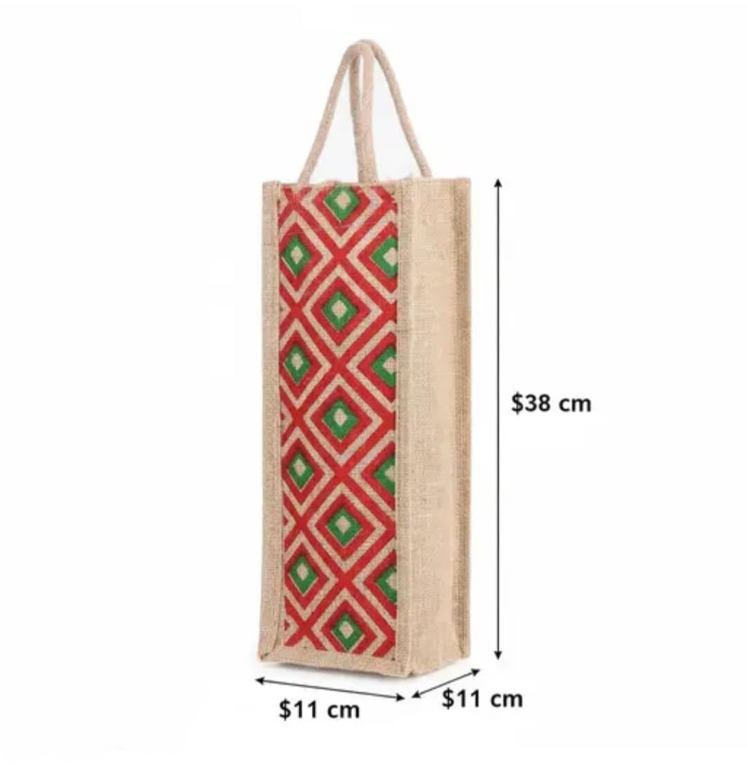 Jute Wine Bottle Tote Bag, Red and Green Diamond Pattern, Natural Burlap, Single Bottle Carrier