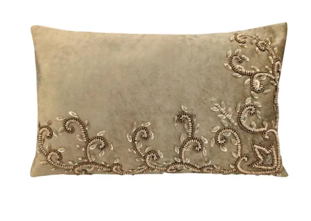 Handmade Velvet Lumbar Throw Pillow Cover, Beige, Embroidered Floral Scroll Design, Decorative Cushion Cover, Set of 2