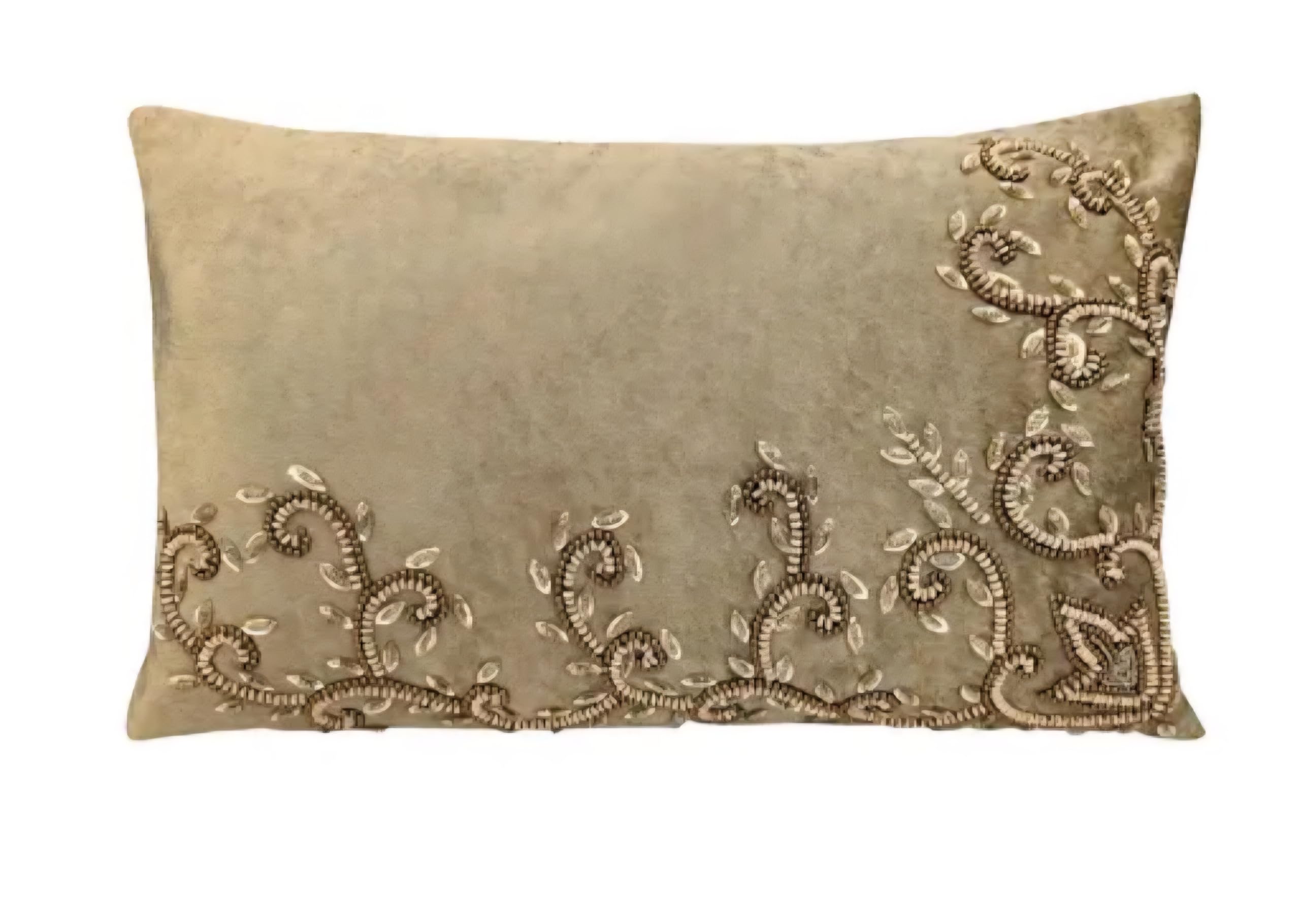 Handmade Velvet Lumbar Throw Pillow Cover, Beige, Embroidered Floral Scroll Design, Decorative Cushion Cover, Set of 2