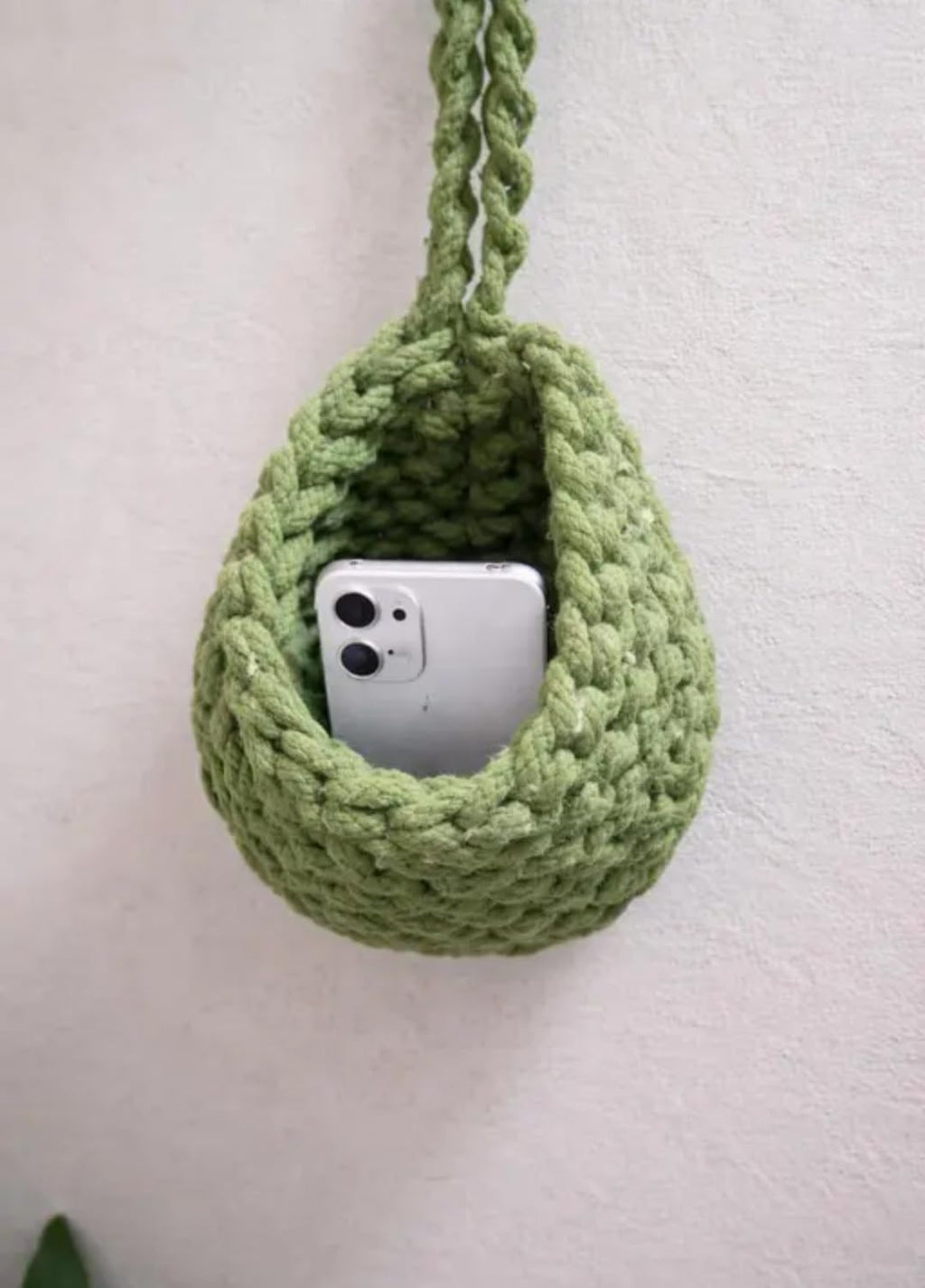 Handmade Crochet Hanging Basket, Green, Cotton Rope, Wall Mounted Storage Planter
