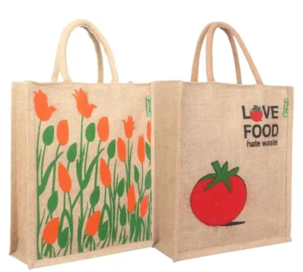 Reusable Jute Shopping Bag with Floral Design, Love Food Hate Waste Message, Natural