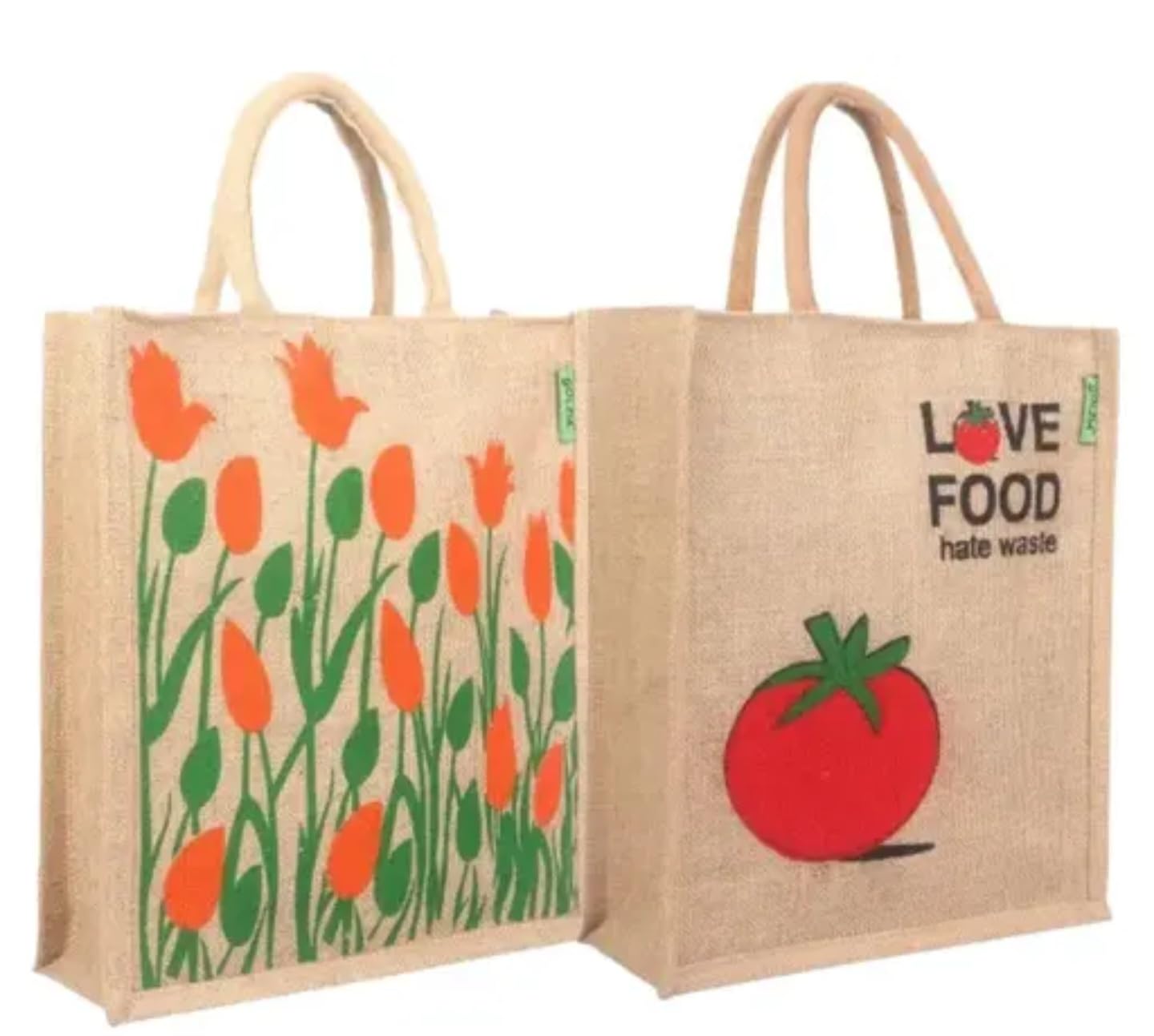 Reusable Jute Shopping Bag with Floral Design, Love Food Hate Waste Message, Natural