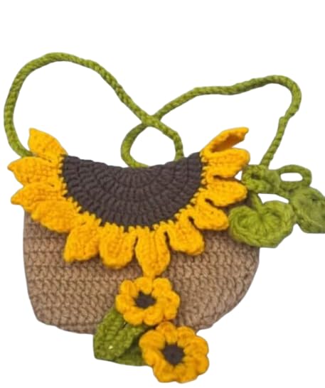 Handmade Crochet Sunflower Crossbody Bag, Yellow and Tan, Floral Boho Shoulder Purse with Green Strap