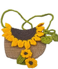 Handmade Crochet Sunflower Crossbody Bag, Yellow and Tan, Floral Boho Shoulder Purse with Green Strap