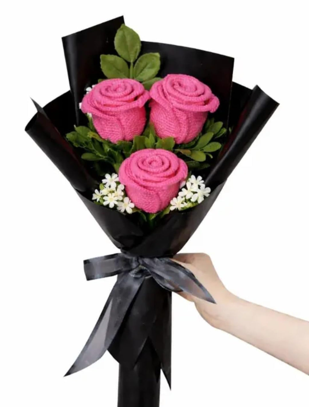 Towel Rose Bouquet, Pink, 3 Roses with Black Wrapping, Decorative Gift Set