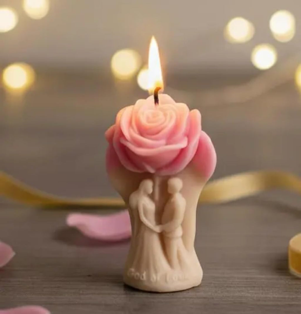 Decorative Rose Candle, Pink, Hand-Shaped Base, Romantic Floral Design, Home Decor