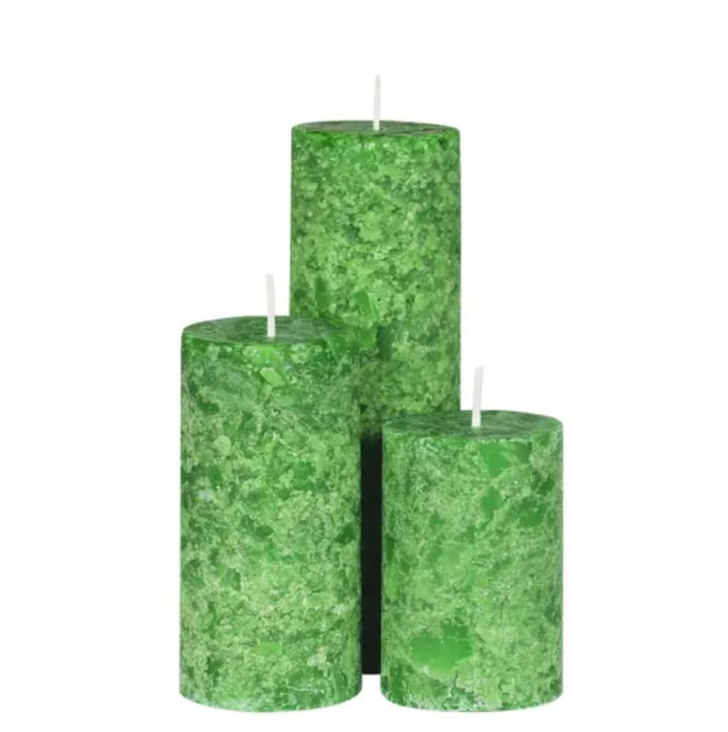 Rustic Textured Pillar Candles Set, Green, 3 Different Heights