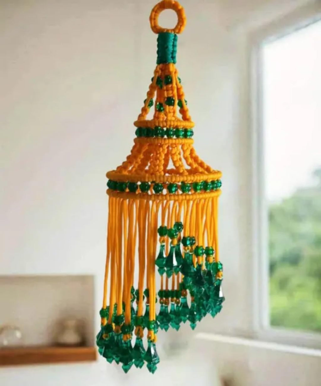Handcrafted Macrame Hanging Decoration, Yellow and Green, Crystal Beads, Boho Style