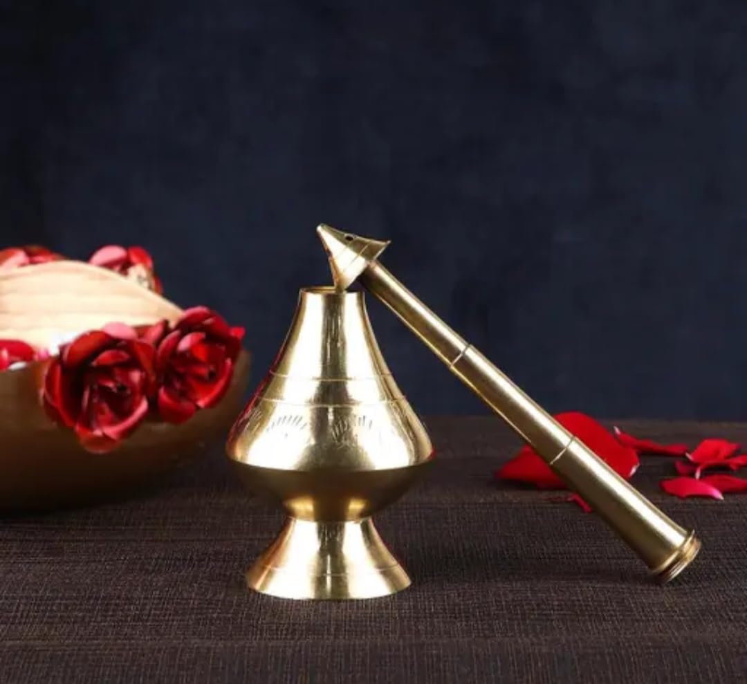 Brass Rosewater Sprinkler, Gold Finish, Traditional Indian Style, Long Neck Decorative Bottle