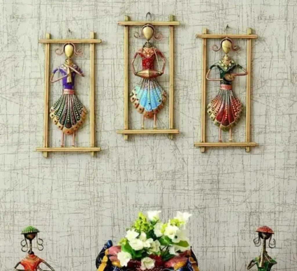 Decorative Wall Art Musicians Set, Handcrafted Metal Dancing Figures, Multicolour Traditional Design, 3-Panel Wall Hanging