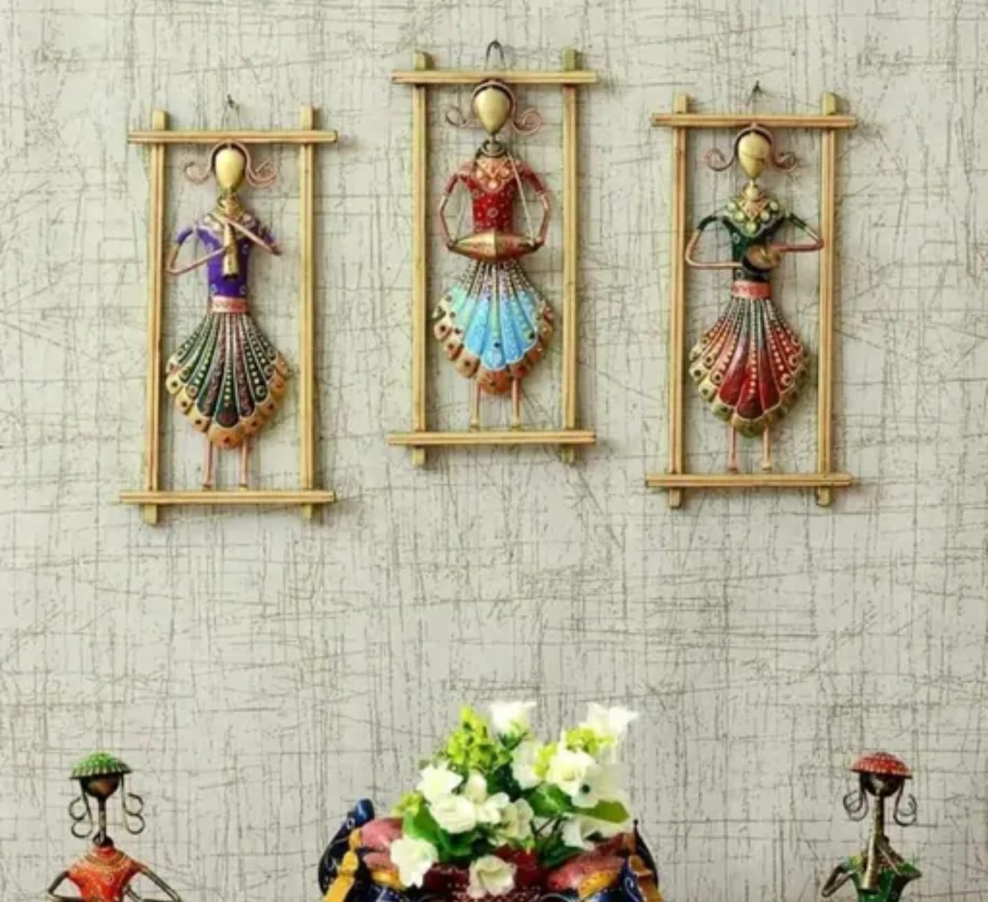 Decorative Wall Art Musicians Set, Handcrafted Metal Dancing Figures, Multicolour Traditional Design, 3-Panel Wall Hanging