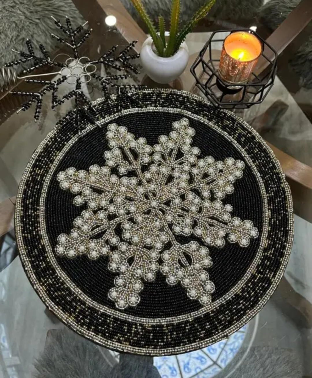 Beaded Snowflake Placemat, Black and Gold, Round, Handcrafted, Christmas Holiday Table Decor