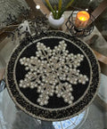 Beaded Snowflake Placemat, Black and Gold, Round, Handcrafted, Christmas Holiday Table Decor