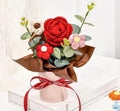Handmade Crochet Flower Bouquet, Red Rose with Mixed Flowers, Knitted Floral Arrangement