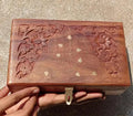 Handcrafted Wooden Jewelry Box with Floral Carved Design, Brown Sheesham Wood, Brass Latch, Traditional Indian Style Storage Box