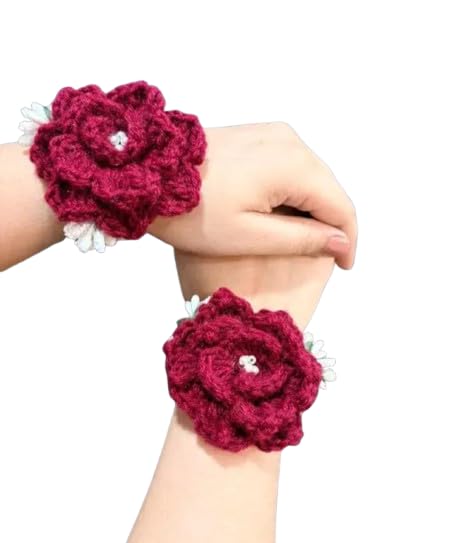 Crochet Rose Flower Bracelet, Burgundy, Handmade Knit Floral Wrist Corsage, Boho Style