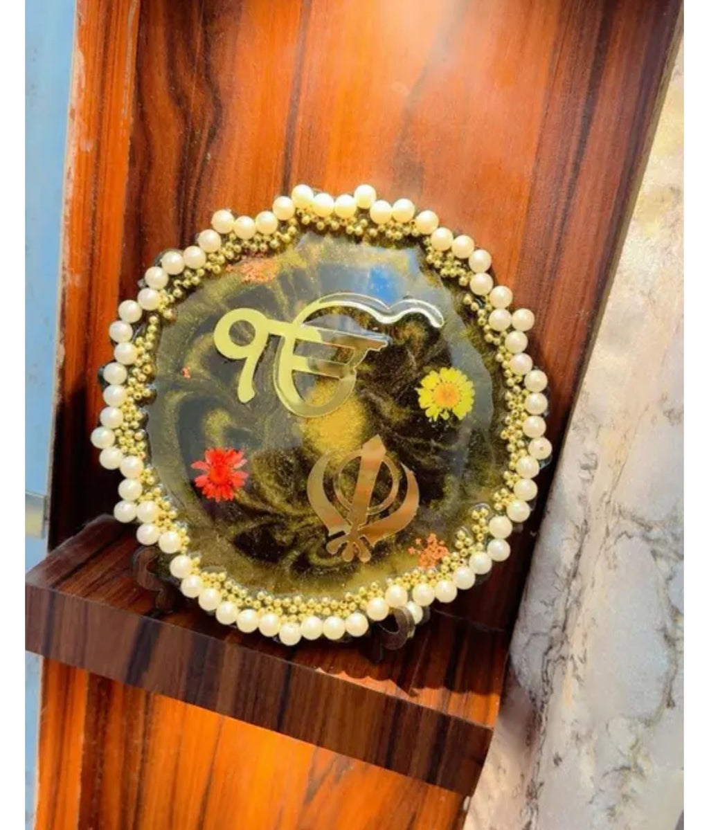 Handcrafted Sikh Religious Wall Decor,resin art, Pearl-Bordered Khanda Symbol Frame with Gold Accents, Black Background, Traditional Spiritual Art