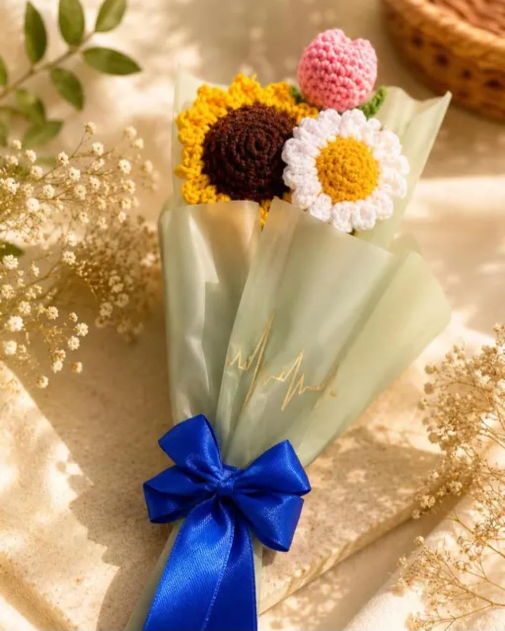 Handmade Crochet Flower Bouquet, Sunflower Daisy and Strawberry, Gift Wrap with Blue Satin Ribbon