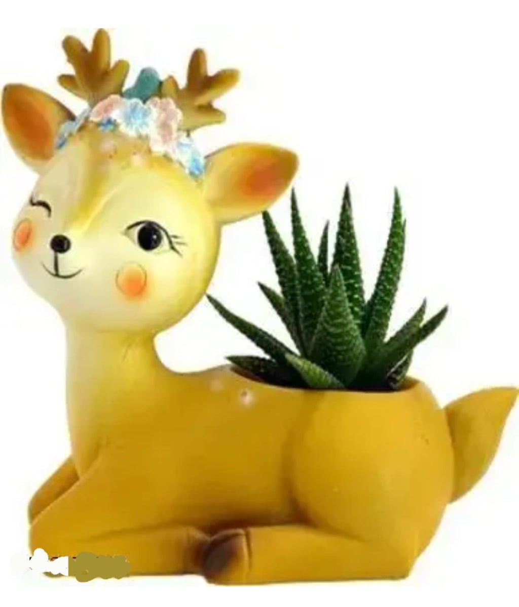 Cute Resin Deer Succulent Planter, Yellow, Decorative Animal Plant Pot with Crown, Indoor Garden Home Decor