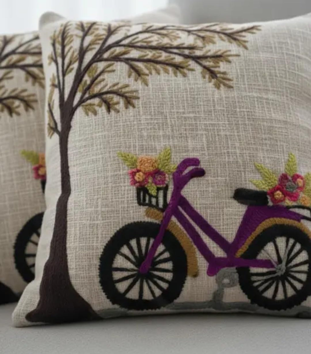 Handcrafted Embroidered Throw Pillow Cover, Bicycle with Flowers and Tree Design, Beige Linen, Decorative Cushion Cover