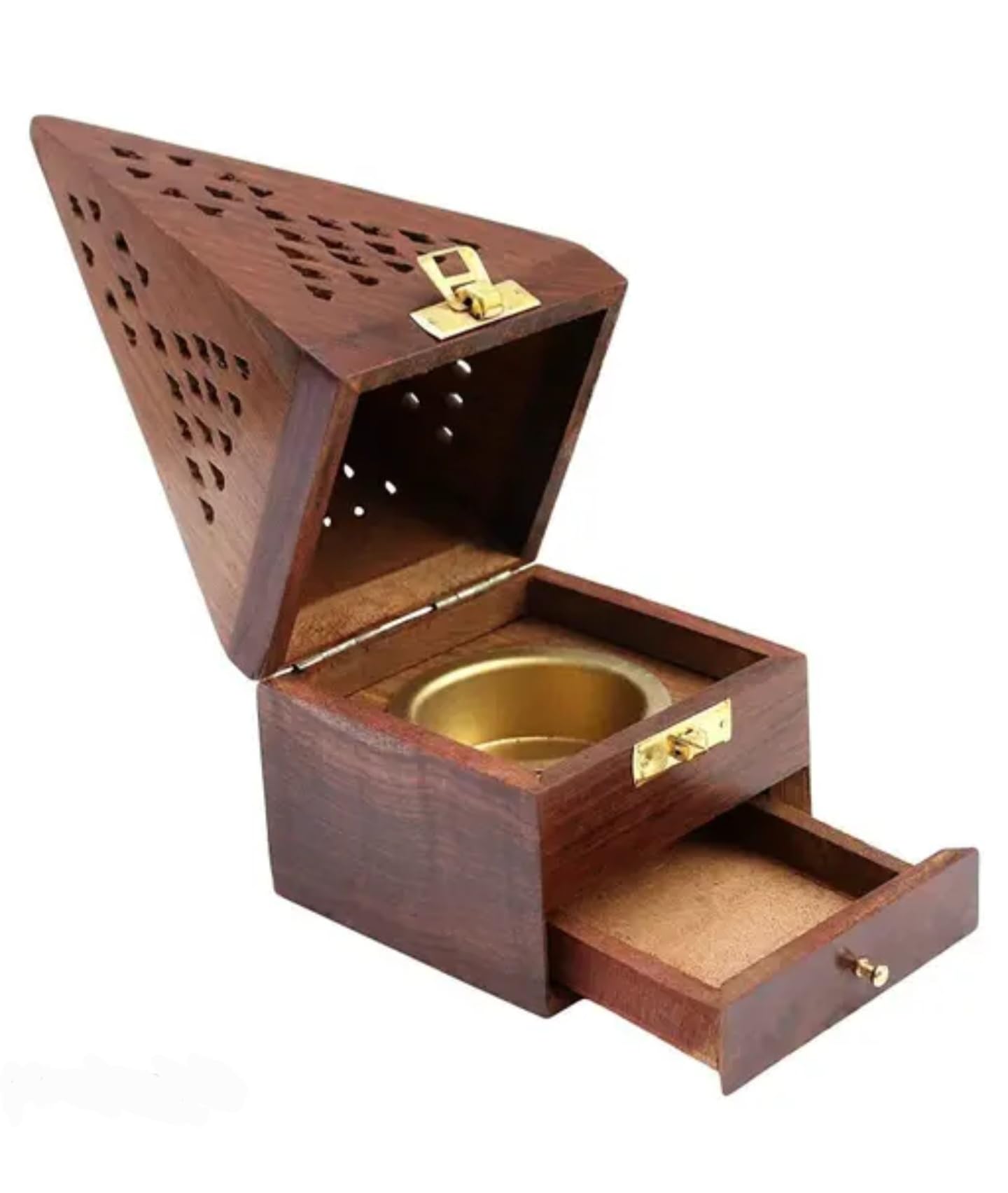 Wooden Pyramid Incense Burner Box with Brass Hinges, Carved Design, Smoke Flow Pattern, Cone Holder for Home Meditation