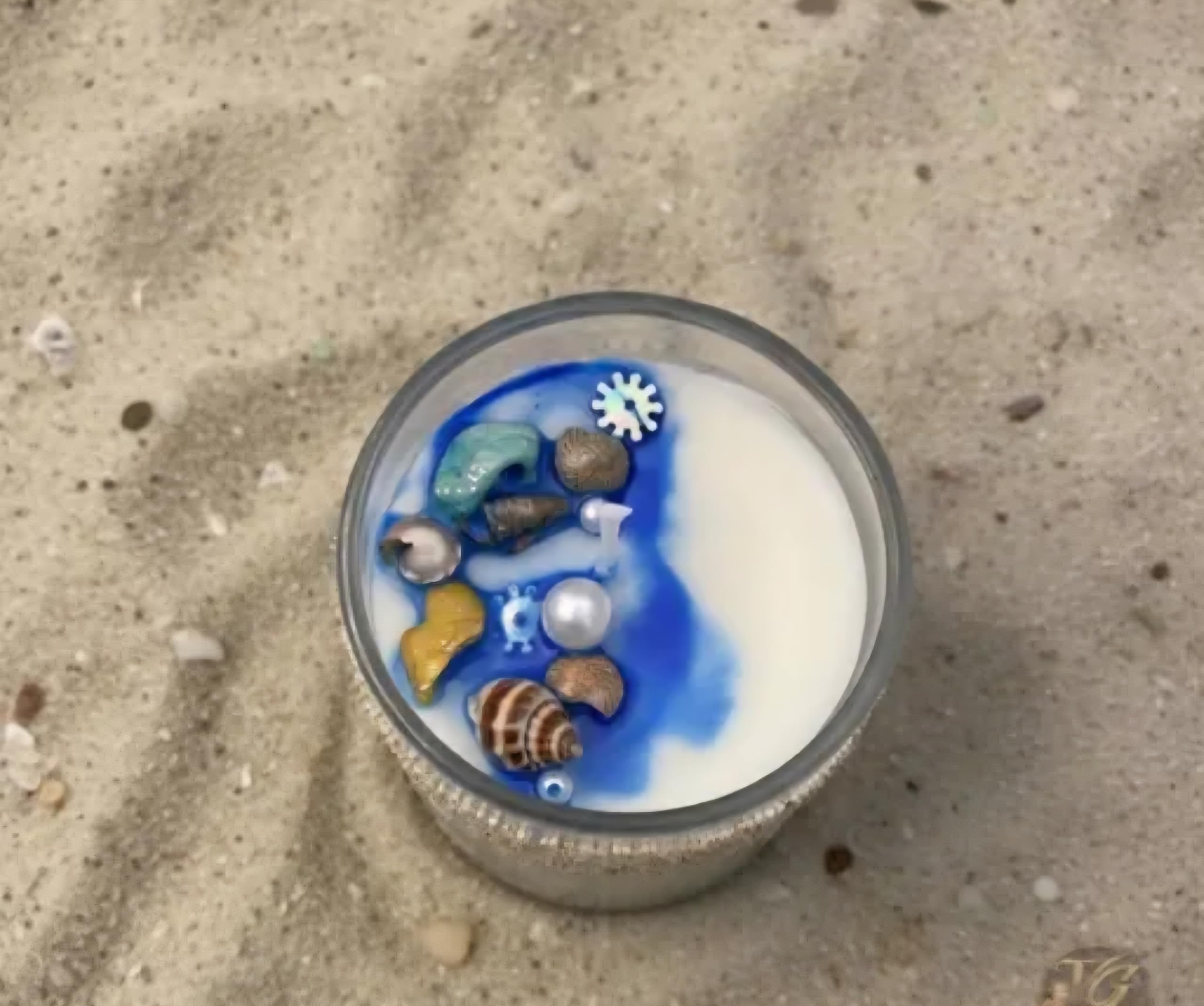 Ocean Beach Candle, Layered Blue and Cream Wax, Glass Container, Seashell Decorations, Coastal Theme