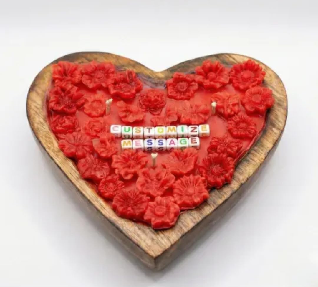 Heart-Shaped Wooden Tray Candle with Red Floral Wax, Customizable Message, Valentine's Gift