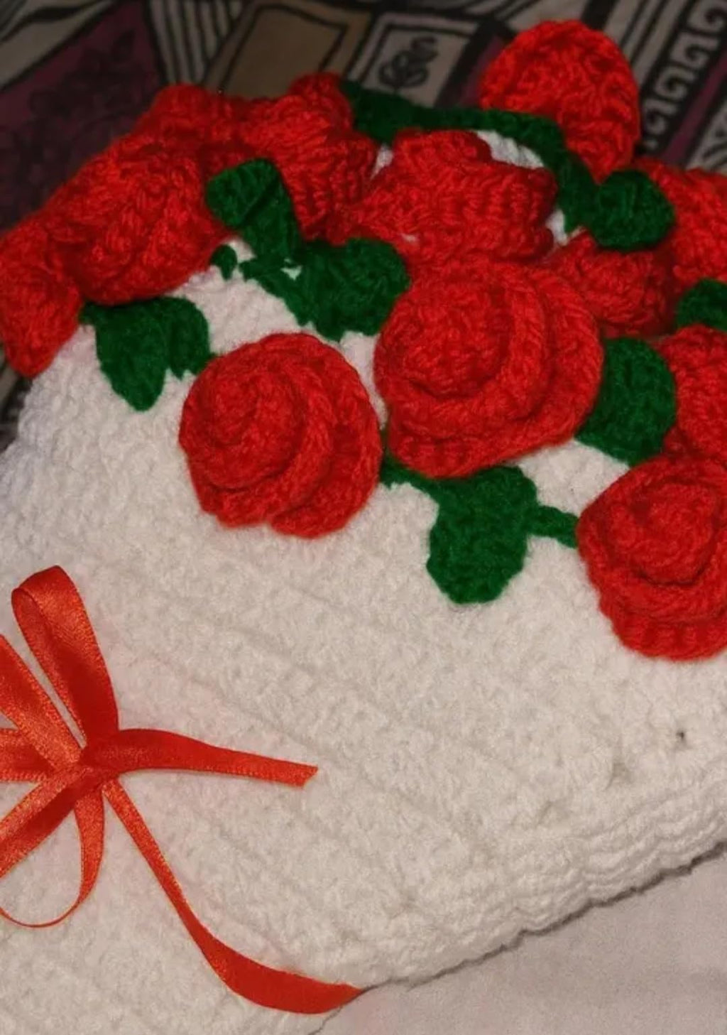 Handmade Crochet Scarf cum Bouquet with Red Rose Floral Border, White, Knit Style, Boho Wrap