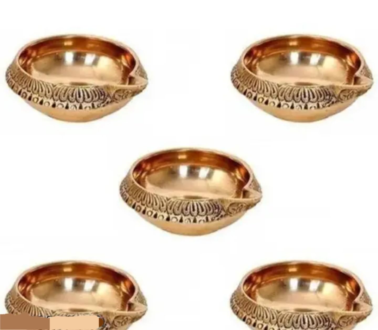 Decorative Brass Diya Bowl Set, Handcrafted Copper Gold Finish, Traditional Indian Design, 5 Pieces