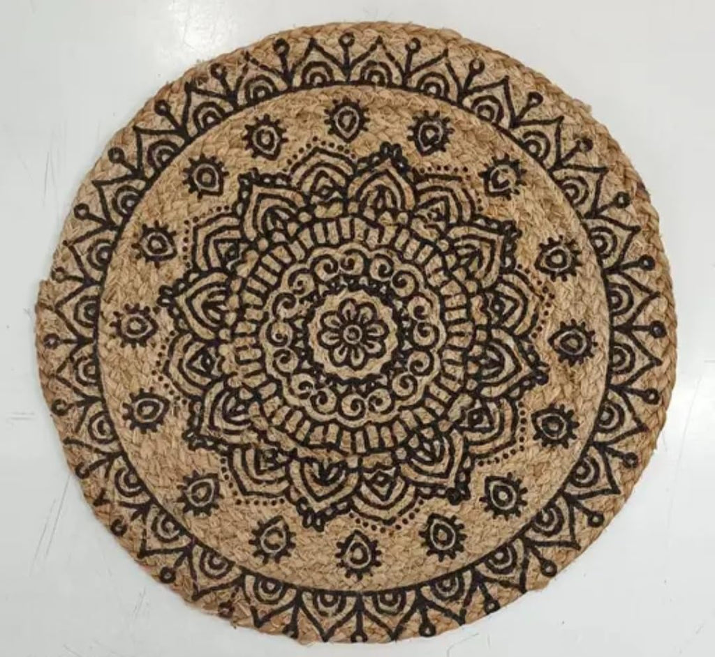 Round Jute Braided Rug with Mandala Print, Natural and Brown, Boho Style