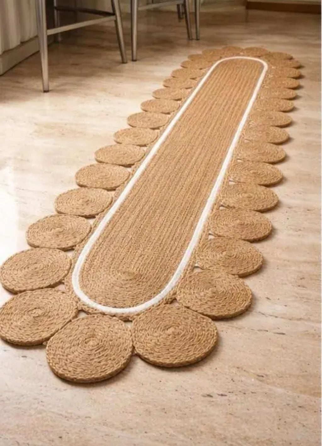 Braided Jute Runner Rug, Natural Tan, Oval Shape, Circular Medallion Border, Boho Style, Handwoven