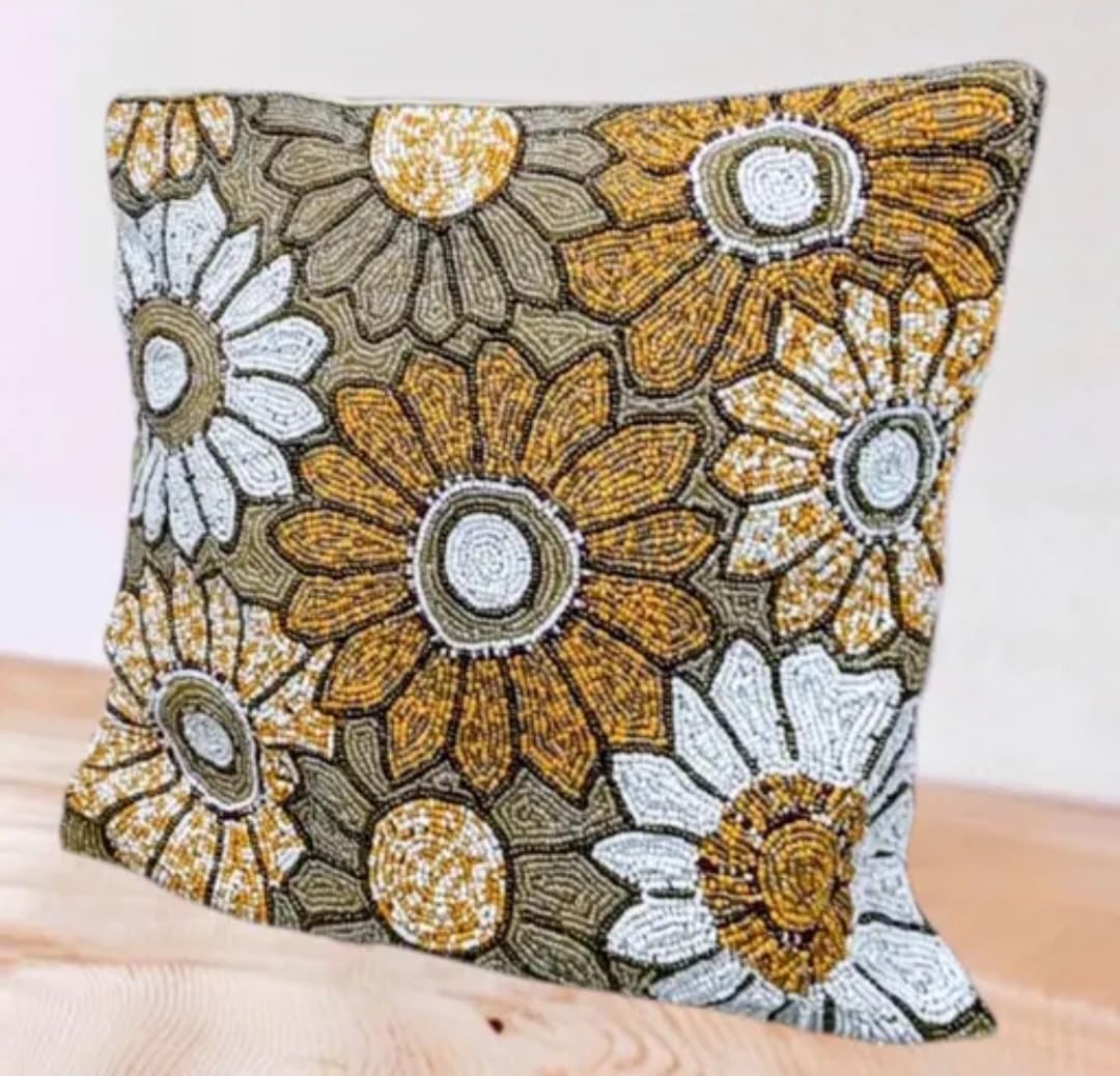 Beaded Floral Decorative Throw Pillow Cover, Yellow and White Flowers, Handcrafted Design