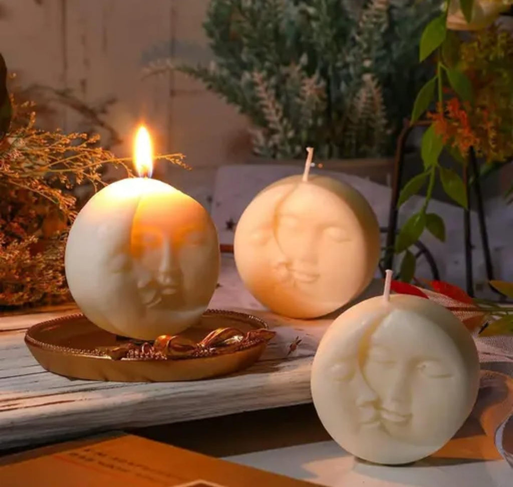Decorative Moon Face Candle, Round White Wax, 3-Piece Set