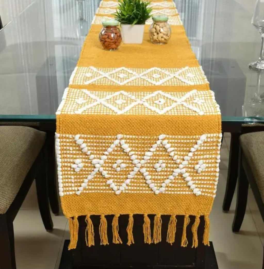 Table Runner with Tassels, Yellow and White Geometric Diamond Pattern, Cotton Woven