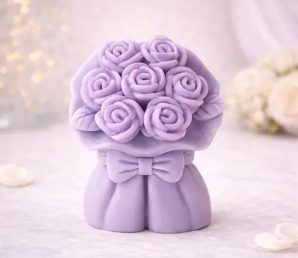 Decorative Rose Bouquet Figurine Candle, Peach and Sage Green, Floral Arrangement Design